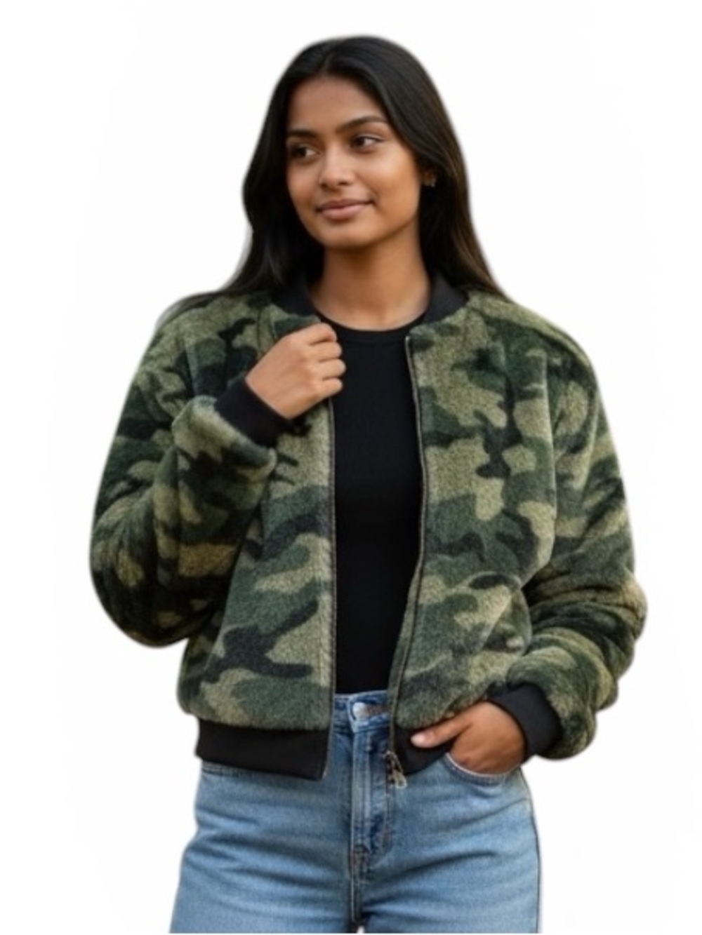 Wild Fable Green Camouflage Faux Fur Bomber Teddy Bear Jacket Size Small